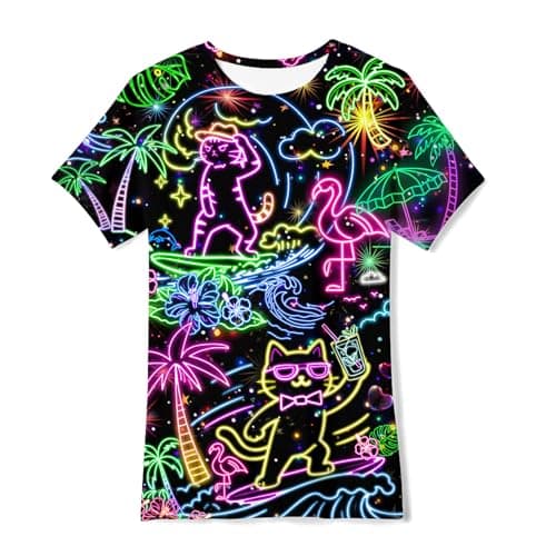 Funnycokid Youth Boys Shirts Size 14 16 Girls T-Shirts Neon Cat Hawaii Digital Print Clothes Tops Tees Graphic Short Sleeve Birthday Cool 15-16 Years - Image 1