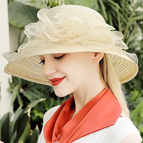 Bellady Women Foldable Organza Derby Hat Wide Brim Summer Beach Cap,Beige - Thumbnail 3
