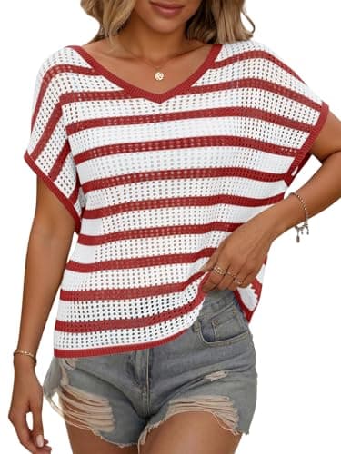 Yousify Womens Summer Crochet Tops Cap Sleeve Knit Pullover Sweater Vest V Neck Cover Ups Beach Vacation Clothes Red - Image 1