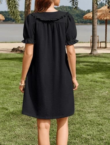 Theenkoln Womens Button Down Mini Dress:Oversized Peter Pan Collar Short Sleeve Flowy Baby Doll Dresses with Belt Black XL - Thumbnail 2