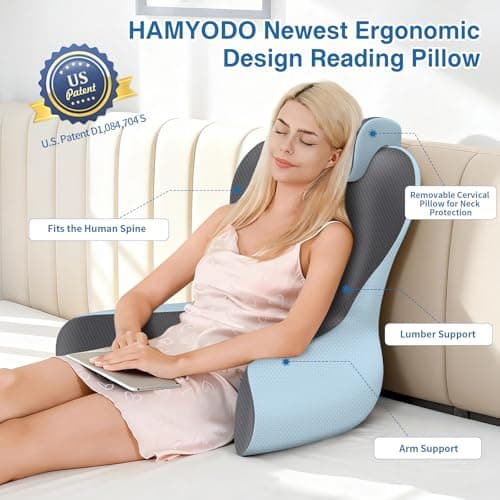 Reading Pillow for Sitting in Bed,22" H Back Support Pillow for Sitting up,Back Rest & Lumbar Support Pillows with Arms, Bed Rest Chair Cushion,Chaise Lounges Reclining,Gaming,Work,Resting(Grey&Blue) - Thumbnail 2