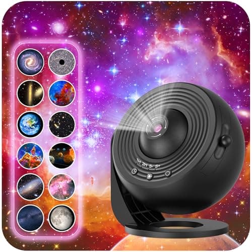 Galaxy Projector for Bedroom, HD Image Star Projector Galaxy Light Adjustable Knob, 13 Film Discs Planetarium Projector for Kids, 360° Rotating 1/2h Timer Simple 3-Button Control