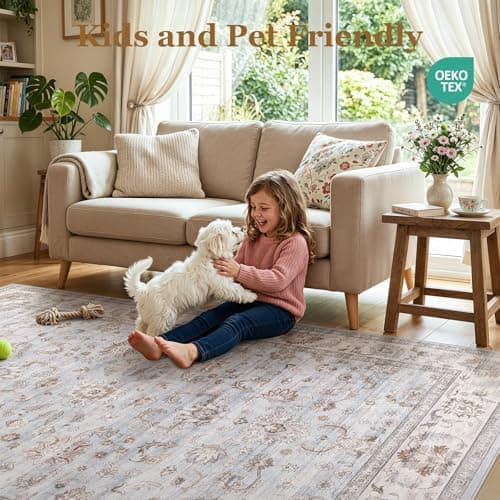 WITSHOCK 8x10 Area Rugs Living Room: Washable Large Neutral Vintage Soft Rug Stain Resistant Non-Slip Farmhouse Indoor Low Pile Floor Carpet for Bedroom Nursery Office(Blue Gray) - Thumbnail 5