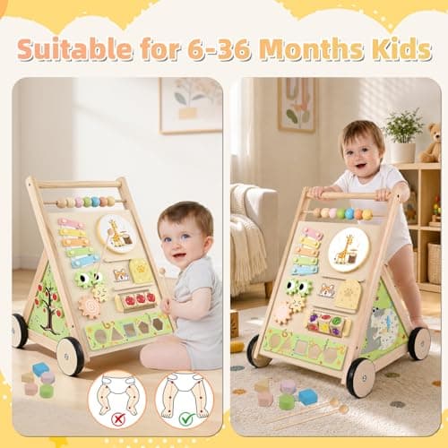 Wooden Baby Walker with Wheels Baby Push Walker for Boys Girls 6-12 Months Wooden Walker Activity Center Walking Toys for 1 Year Old Learning to Walk Sit to Stand Walker for Baby 12-18 Months Push Toy - Thumbnail 5