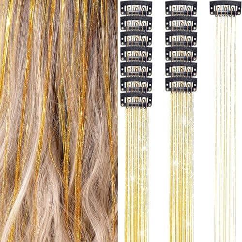 Hair Tinsel 12Pcs Clip in Hair Tinsel Extensions 20.5 Inch Fairy Hair Tinsel Kit for Girls Women Kids Glitter Hair Accessories for Christmas Halloween Cosplay Party (Gold)