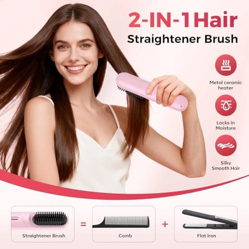 Go Brush Pro for Short Hair Hair Straightener Brush Cordless & Portable with 300M Negative Ions, 4 Temps Fast Heating, Game Day Ready Styling Tool for Watch Parties, Travel & Daily Use Nude Pink - Thumbnail 3