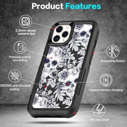 LOQUPE Designed for iPhone 11 pro Case, Heavy-Duty Tough Rugged Lightweight Slim Shockproof Protective Case for iPhone 11 pro 5.8 Inch,Women Girls,Cute Skull - Thumbnail 5