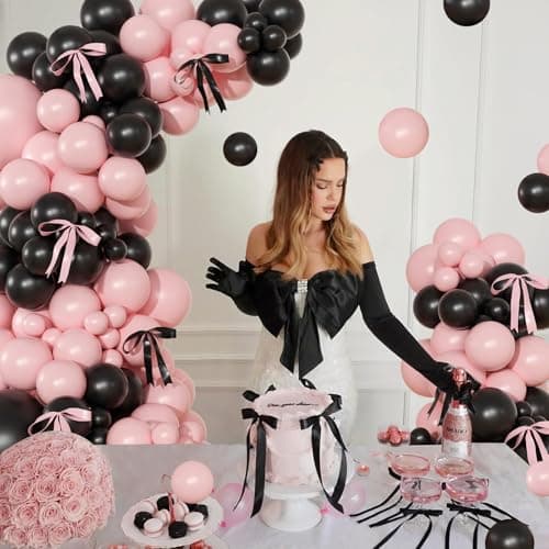 Pink Black Balloon Garland Arch Kit, 141Pcs Pink and Black Balloons Different Sizes 18 10 5 Inch and Bows for Coquette Birthday Wedding Baby Shower Bridal Shower Party Decorations - Thumbnail 2
