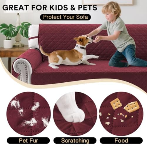 PrinceDeco Couch Cover for Dogs Washable XL Couch Covers for 3 Cushion Couch Sofa Pet Friendly Water Resistant Furniture Protector with Elastic Straps(XL Sofa 78",Wine) - Thumbnail 5