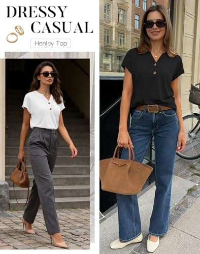 INNOVATOP 2 Pack Womens T Shirts V Neck Short Sleeve Henley Tops Work Business Casual Blouses Summer Dressy Casual Clothes Black/White - Thumbnail 2