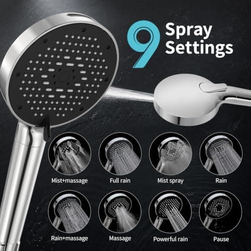 SR SUN RISE NSF Certified Filtered Shower Head with Handheld for Hard Water to Remove Chlorine High Pressure 9-Spray Setting (with Power Wash) Anti-Clog Nozzles (1 Filter, Chrome Silver) - Thumbnail 2
