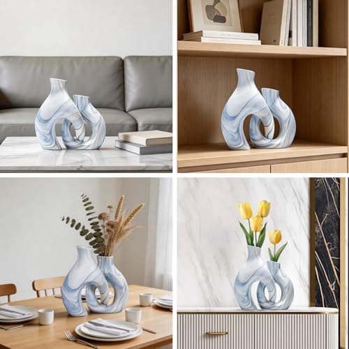 Blue Vases Set of 2, Modern Coastal Vase for Flowers, White vases for Table Centerpieces, Snuggle Hollow Vase Ceramic Decoration for Living Room, Nordic Boho Decor for Coffee Table Shelf - Thumbnail 6