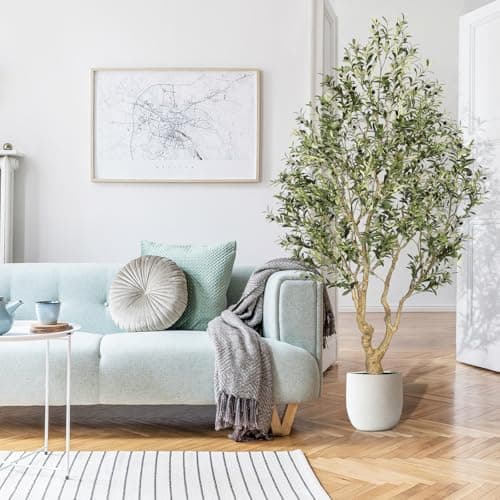 FEELEAD Faux Olive Tree 8ft, Tall Olive Trees Artificial Indoor with Natural Looking Trunk and Lifelike Fruits, Large Fake Olive Tree for Modern Home Office Decor - Thumbnail 5