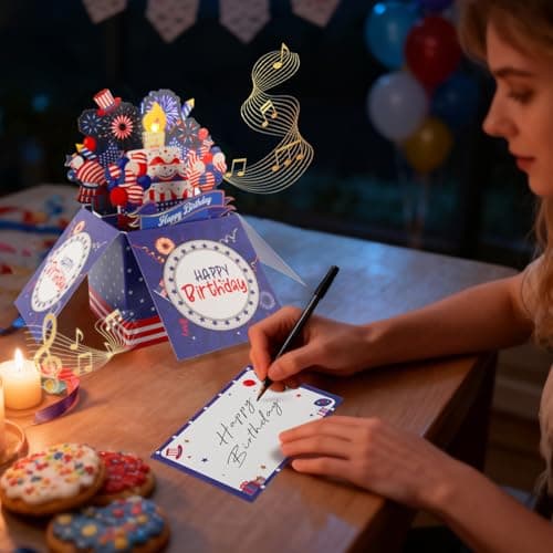 Happy Birthday Cards Fireworks, 250th Anniversary Birthday Card, American Flag Card, Lights, Music 3D Pop Up Birthday Cake Gift Card with Envelope & Note Tag for Veterans, Grandfathers, Fathers & Boys - Thumbnail 6