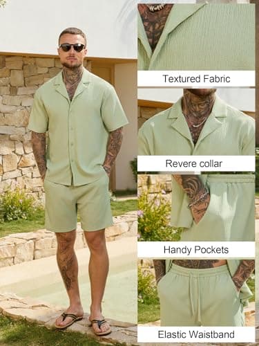 JEMLDL Two Piece Set for Men Textured Button Down Shirt Casual Matching Shorts and Shirt Summer Travel Clothes Light Green XL - Thumbnail 6