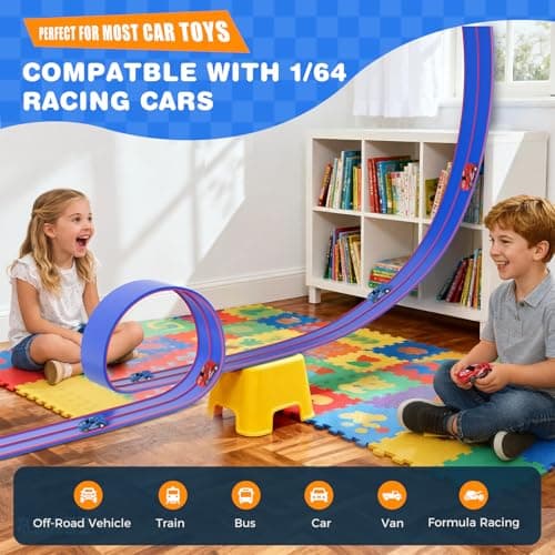 DKOXT 15 Ft Flexible Race Track for Kids, DIY Car Track Set with 2 Toy Cars & 3 Suction Cup Ramps, Easter Basket Stuffers for Teens & Boys Girls, Creative Easter Gifts for Kids, Blue - Thumbnail 2