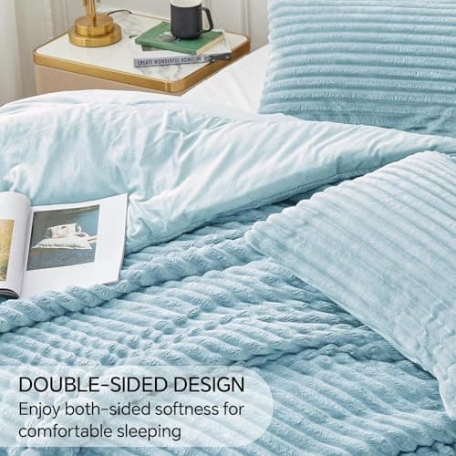 BEDELITE Fleece California King Comforter Set -Super Soft & Warm Fluffy Light Blue Bedding, Luxury Fuzzy Heavy Bed Set for Winter with 2 Pillow Cases - Thumbnail 4