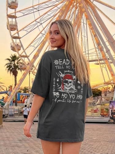Pirate Shirt Women Vintage Graphic Oversized Skeleton Shirt Funny Casual Skull Short Sleeve Top - Thumbnail 3
