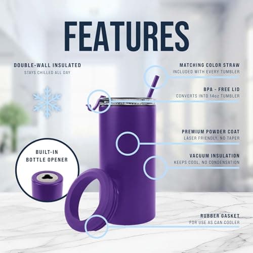4 in 1 Universal Can Cooler - Purple, Can Holder Insulated, Beer Bottle Cooler, Universal Holder for All Drink Sizes, Stainless Steel Insulated Tumbler, Tailgating Accessories - Thumbnail 3