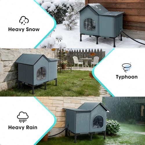 Weatherproof Heated Cat House for Outside with Heating Pad, Elevated Feet Outdoor Cat House, Expanded Canopy Warm Cats Shelter, Heating Pet Beds for Feral or Stray Cats in Winter (Warm Grey, Heated) - Thumbnail 6