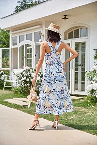 GRACE KARIN 2025 Summer Women's Criss Cross Halterneck Sleeveless Floral Print Flowy A Line Maxi Dress Floral White Blue M - Thumbnail 4