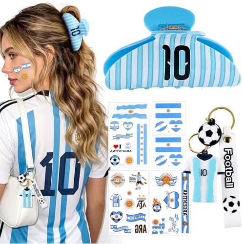 ANFONG World Cup Merch Gifts Set: Sky Blue Stripe No.10 Hair Clip, World Cup Jersey Keychain & Argentina Flag Tattoos, Soccer Fan Accessories for Women World Cup Party Favors & Game Day Outfit 2026 - Image 1