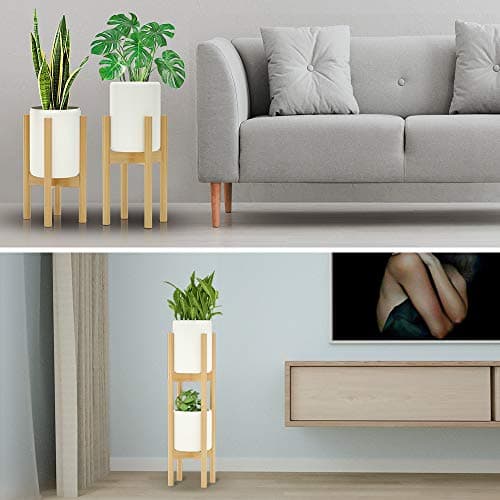 MUDEELA 2 Pack Indoor Plant Stands, 2 Tier Tall Plant Stand 30 inches, Mid Century Bamboo Plant Stand, Adjustable Width 8 - 12 inches, Fits Pot Size of 8 9 10 11 12 inches Pot & Plant Not Included, Natural - Thumbnail 4