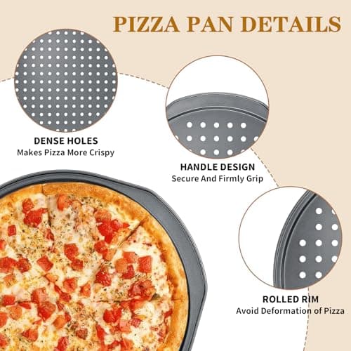 Bestdin 5Pcs Pizza Pan Set - 12 inch Pizza Pan with Holes, Non-stick, Pizza Oven Accessories with 2 Carbon Steel Round Pans, Pizza Cutter and 2 Gloves, Dishwasher Safe - Thumbnail 3