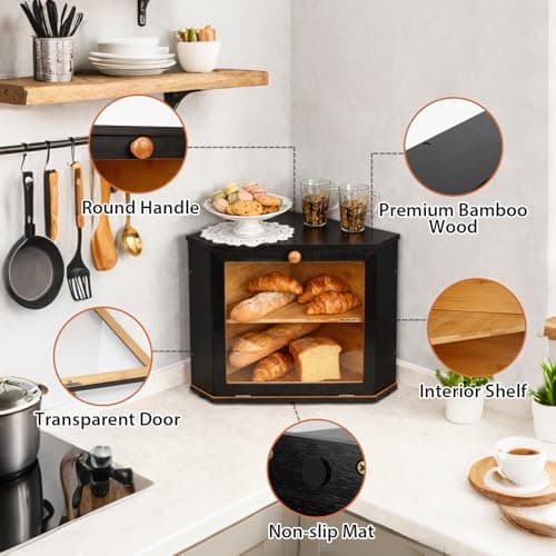 Bamboo Corner Bread Box for Kitchen Countertop - Double Layer Bread Storage with Clear Window, Black Wooden Bread Keeper Organizer for Homemade Bread, Under Cabinet Mount, Fits Countertop & Pantry - Thumbnail 4