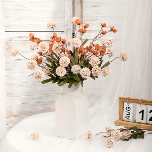 LILUYTO Faux Flowers for Vase,8 pcs Artificial Pom Pom Chrysanthemum Flowers with Wild Flowers,Spring Floral Stems Arrangements for Home Decor, Centerpieces for Tables, Rustic Decorations - Thumbnail 4