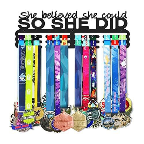Bliocefo Medals Hanger Display Holder Rack 13.8 inches She Believed She Could Wall Mount Steel Frame Over 60 Medals-Sports Medal Hangers Racks Bib Ribbon with Easy Hanging Bars Black 3 Lines - Image 1