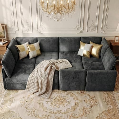 smilesun Oversized Modular Chenille 8-Seater Sectional Sofa with Storage, Convertible Comfy Extra Deep & Wide Seat Couch with Gold Metal Accents & Legs for Living Room (Grey) - Thumbnail 4