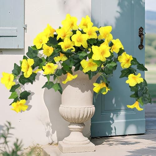 BSMYBO 2Pcs Artificial Hanging Flowers for Outdoors, Fake Outdoor Flowers Faux Petunias Silk Flowers for Outdoor planters UV Resistant for Home Garden Balcony Yard Porch Patio Decor (Yellow) - Image 1
