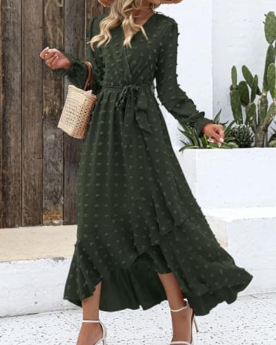 BTFBM Long Sleeve Maxi Dresses for Women V Neck Swiss Dot Boho Flowy Slit Cocktail Wedding Guest Dress Fall Clothes 2025(Army Green, X-Large) - Thumbnail 2