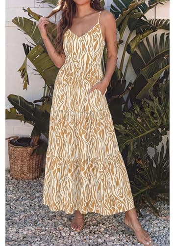 KIRUNDO Maxi Dresses for Women Summer Boho Floral Beach Vacation Sundress Spring Wedding Guest Dress Flowy Cruise Resort Wear(Khaki, Medium) - Thumbnail 3