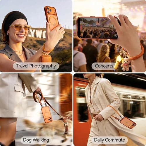 CASEKOO Linkoo 1st Magnetic iPhone 17 Pro Max Phone Case with Strap, Built-in Foldable Hidden Tab, Anti-Fall Lanyard, Aluminum Alloy Lens Protection, Tether Case, Hiking Daily Commute, Glossy Orange - Thumbnail 5