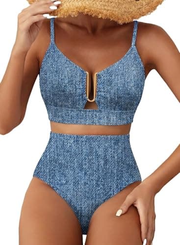 Herseas Women High Waisted U Wire Bikini Sets Floral Print Cutout Two Piece Swimsuit Crisscross Back Supportive Bathing Suits Trendy 2026 Summer Beach Swimming Pool Outfits Denim Blue Medium - Image 1