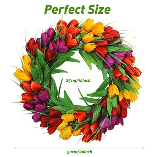U'Artlines 20 Inch Tulip Wreath for Front Door, Spring Summer Silk Wreath with Green Leaves Artificial Tulip Flower Wreaths for All Seasons Window Wall Wedding Valentines Day Decor - Thumbnail 5