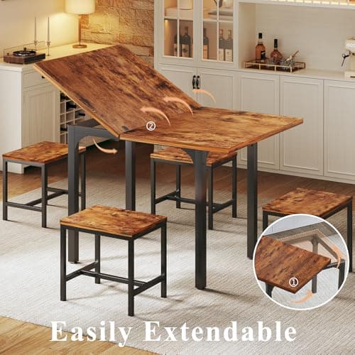 HUAHUU Dining Table Set for 4, Extendable Kitchen Table Chairs Set of 4, Rectangle Dining Table with Metal Frame & MDF Board, Folding for Small Apartment Saving Space, Rustic Brown - Thumbnail 5