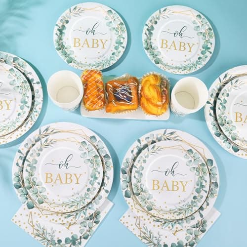 Gudvilla 140PCS Sage Green Baby Shower Decorations for Boy, Baby Shower Plates and Cups and Napkins Sets Serves 20, for Eucalyptus Boho Boy Neutral - Thumbnail 5
