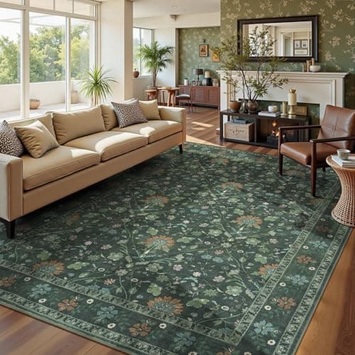 Vibrug 8x10 Area Rugs for Living Room, Floral Vintage Washable Rugs, Soft Boho Non-Slip Low Pile Carpets, Large Area Rug for Dining Room Bedroom Farmhouse Home Indoor Nursery, Dark Green - Thumbnail 2