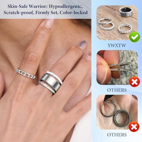 YWXTW 3 Pack 14K Gold-Plated Non Tarnish Stacking Rings for Oura Gen 4/Ultrahuman/Samsung/Diamond, Timeless Elegance White Zirconia Engagement/Promise Oura Stack Band Gift for Women Silver 8 - Thumbnail 5
