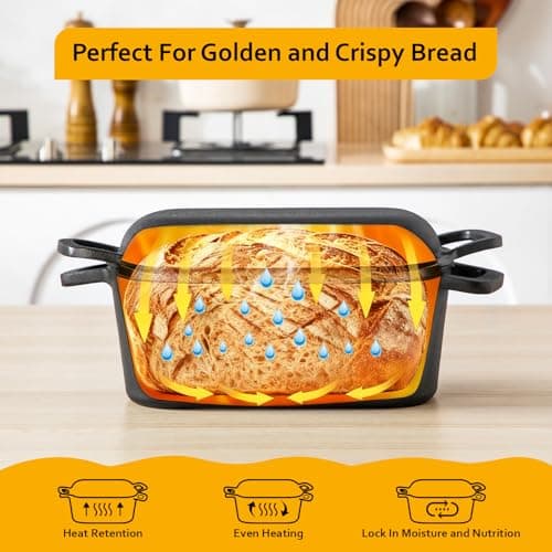 Velaze 3.6QT Dutch Oven for Bread Baking,Oval Cast Iron Bread Oven Pan with Lid and Offset Handles,Oven Safe to 500°F for Homemade Sourdough Bread(Black) - Thumbnail 3