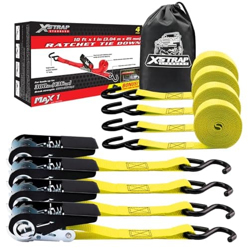 XSTRAP STANDARD Ratchet Tie Down Straps 4 Pk 10 Ft- 300 Lbs Load Cap- 900 Lbs Break Strength-Cargo Straps for UTV, ATV, Pickup,Truck, Moving Appliances, Lawn Equipment, Yellow - Image 1