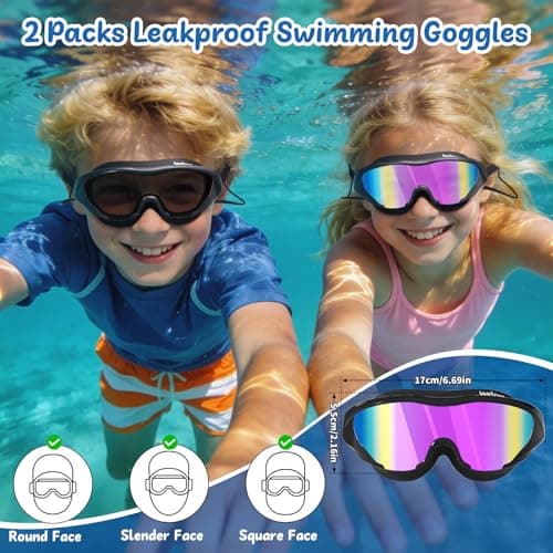 LEEIGGT Swimming Goggles for Kids 8-14, 2 Pack Anti Fog UV Kids Swim Goggles with Ear Plugs Attached - Thumbnail 6