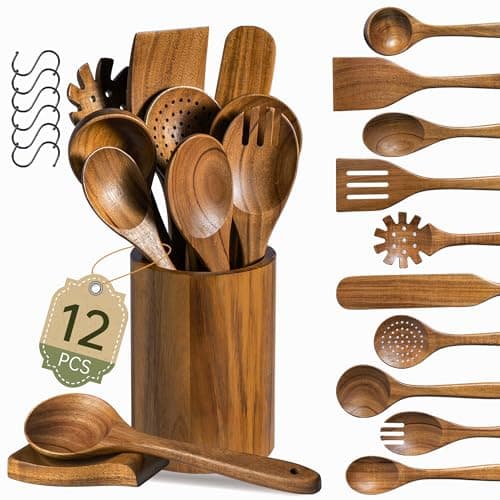 FYCTIO Wooden Utensil Set 12 PCS - Natural Non-Toxic Acacia Wooden Spoons for Cooking, Nonstick, Sturdy, Easy to Clean, Wood Kitchen Utensils Set with Holder, Spoon Rest & 6 Hooks, Ideal for Gifting - Image 1