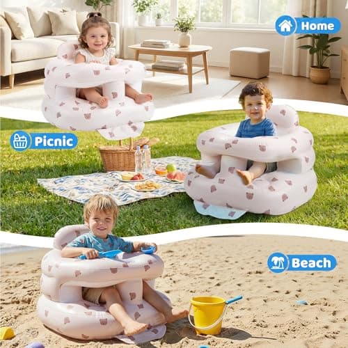 UNEEDE Inflatable Baby Seat for 3 Months & up, Infant Floor Baby Chair with Fence & Built in Air Pump,Lightweight Travel Baby Bath Seat for Home, Camping， Beach & Outdoor - Thumbnail 5