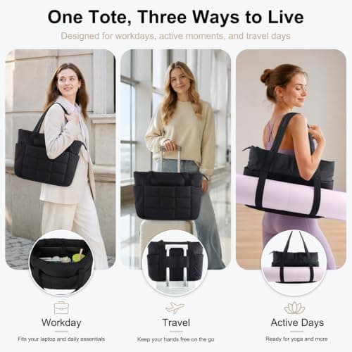 U+U Puffer Tote Bag for Women, Quilted Work Handbag with Compartments, Lightweight Puffy Shoulder Bag with Yoga Mat Strap for Daily, Travel, and Gym (Black) - Thumbnail 2