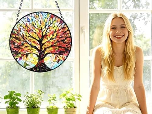 Stained Glass Window Hanging, Tree of Life Sun Catcher, Sun Catchers Indoor Window, Colorful Glass Panel,Suncatcher Room Decor,Gifts for Grandma Mom Wife,Aunt Birthday Gifts for Women 7.8in - Thumbnail 5