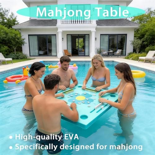 Floating Mahjong Table for Pool, Double-Sided Waterproof Game Tray for Mahjong, Poker, Cards, Dominoes & Scrabble, EVA Water Game Table with Cup Holders for for Hot Tub, Lake, Beach, Backyard Parties - Thumbnail 4